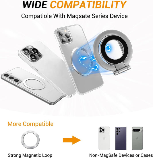 Magnetic Ring Holder Grip, Adjustable Magnet Phone Ring Stand, Multi-Angle Stability Kickstand, Strong Double Sided Magnetic Phone Grip, with Magnet Ring for Phone Case, Silver