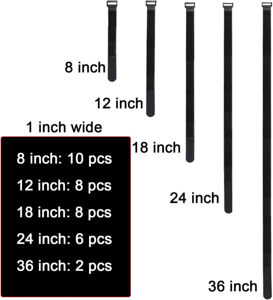 32 pcs 1-inch-wide Hook and Loop Cable Straps, 8"-12"-18"-24"-36" Adjustable Fastening Straps, Fixing and Organizing Cable Ties Set, Multi-Purpose Nylon Cinch Strap, Heavy-Duty Storage Straps