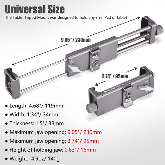 Full Metal Tablet Tripod Holder – Compatible with iPad mini, Air, Pro | 1/4" Screw & ARCA Dovetail Mounts | Universal Tablet Clamp Adapter