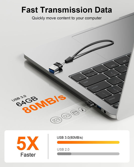 64GB USB 3.0 Flash Drive, Mini Thumb Drive Waterproof Memory Stick with Lanyard Hole Plug and Play Portable USB Stick Storage for Computer Laptop Smart TV, Black