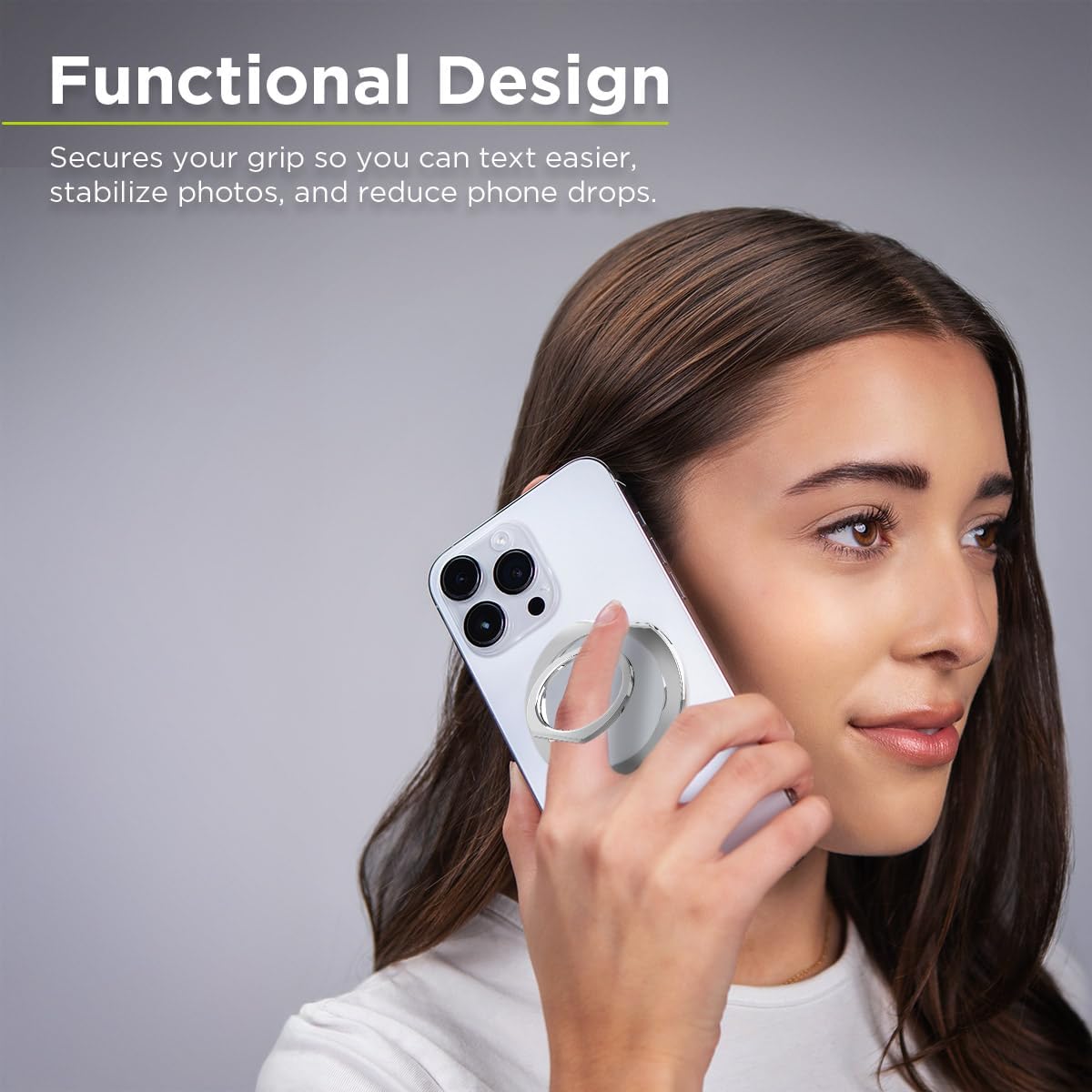 PureGear Magnetic Phone Grip Ring Stand, Magnetic Phone Ring Holder for MagSafe iPhone 16, 16Pro, 16Plus, 16ProMax, 15, 15Plus, 14, 14Pro, 14Pro Max, 13, 12, Adjustable Kickstand (Chrome Silver)