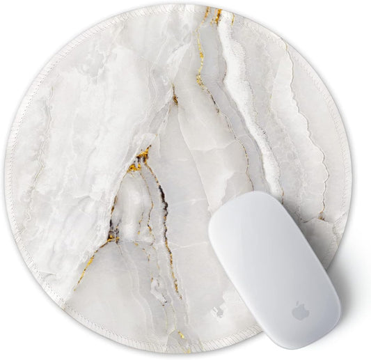 ITNRSIIET Round Mouse Pad with Stitched Edge Premium-Textured Waterproof Non-Slip Rubber Base Desktop Protection Mat Diameter 8.7 inches, White Textured Marble