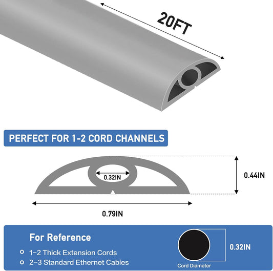 Floor Cord Cover Self Adhesive Cord Hider Floor Extension Cord Covers for Floor Power Cord Protector Cable Management Prevent Cable Trips Cable Cavity 0.32" W x 0.32" H (Grey, 20Ft)