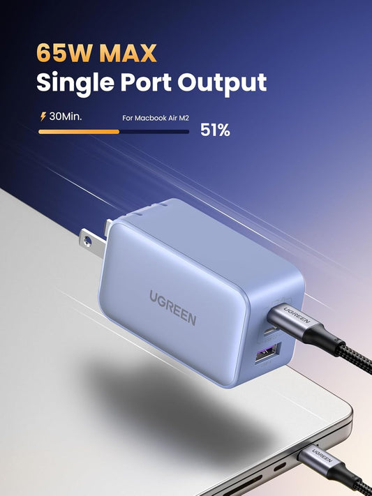 UGREEN 65W USB C Charger Block, Nexode 3-Port GaN Fast Type C Charger, Compact Foldable Power Adapter for MacBook Pro/Air, Dell XPS, iPhone 16/15, iPad Pro, Galaxy S25, (Glacier Blue)