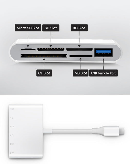 USB C SD Card Reader USB-C to SD MicroSD XD Picture MS Memory Stick Compact Flash Cards, Type C 6 Slots Trail Cameras Viewer Adapter for iPhone 15 16 iPad Mac Laptop MacBook More USBC Devices