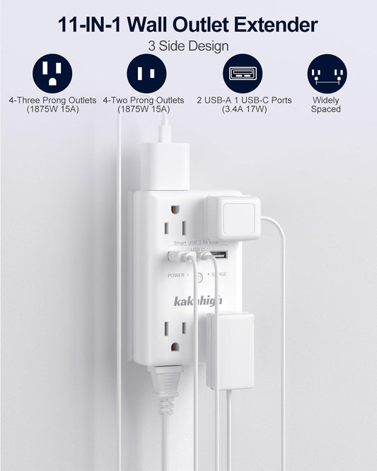 Wall Outlet Extender with Screw, 8 Way Outlets with 1680J Surge Protected, Multi Plug Wall Outlet with USB Ports, LED Indicator, 1875W Wall Mounted Surge Protectors for Dorm Room Office Kitchen