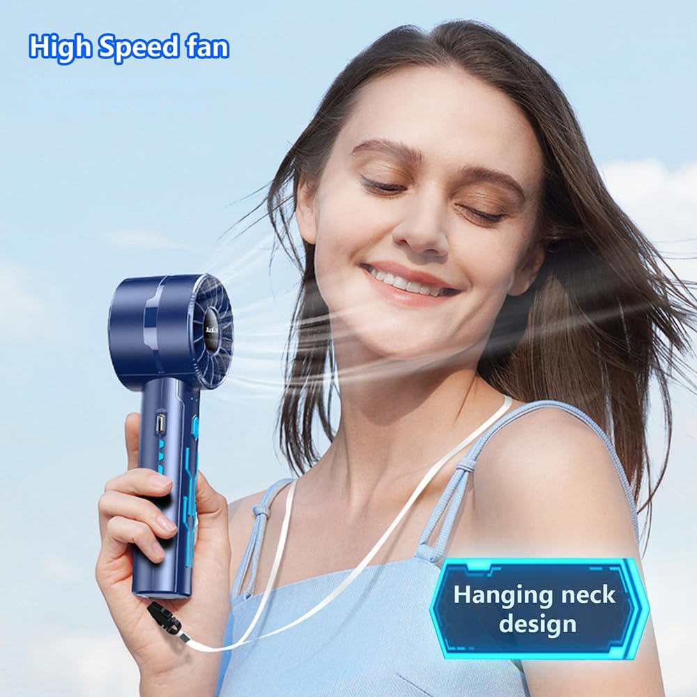 2pcs Portable Handheld Turbo Fan with 7000rpm High-Speed Motor USB Rechargeable Cooling Personal Fan 4-Speed, 4-16H Runtime, with Lanyard for Outdoor Travel, Women, Kids, Summer Gift