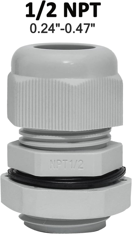 10 Pcs 1/2" NPT Nylon Cable Glands, IP68 Waterproof Adjustable Cord Grip Cable Connector Strain Relief Wire Protectors for 6-12mm Cable Diameter, Grey