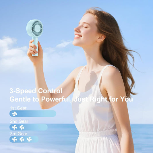Portable Handheld Fan, USB Personal Fan Rechargeable Battery Operated 10H Working Cooling Time Mini Small Design with Base for Desktop/Travel/Outdoor/Vacation/Concerts/Lash Makeup-Blue