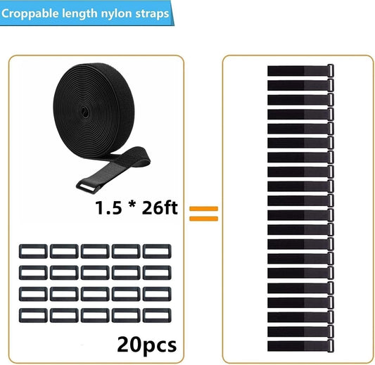 26ft 1.5 Inch Wide Cable Straps, Jumpso Adjustable Fastening Hook and Loop Straps with 20 Buckles, Reusable Nylon Cut-to-Length Cinch Straps for Organizer or Storage, Black