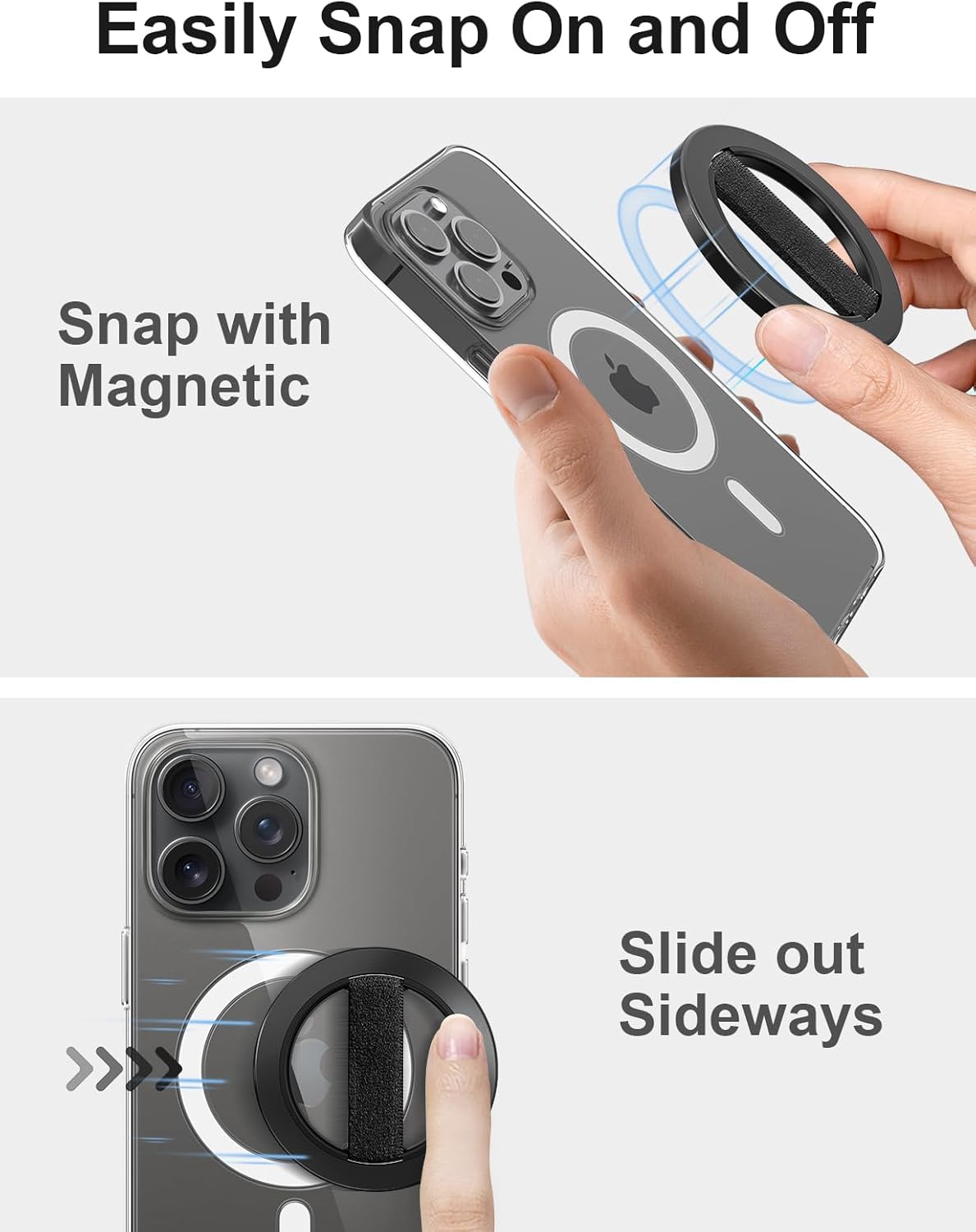 EWA MagOne Solo Phone Grip with Replaceable Elastic Finger Loop, Removable Magnetic Ring Holder Loop, Accessories for iPhone 16, 15, 14, 13 Pro/Max/Plus, No Stand-Black