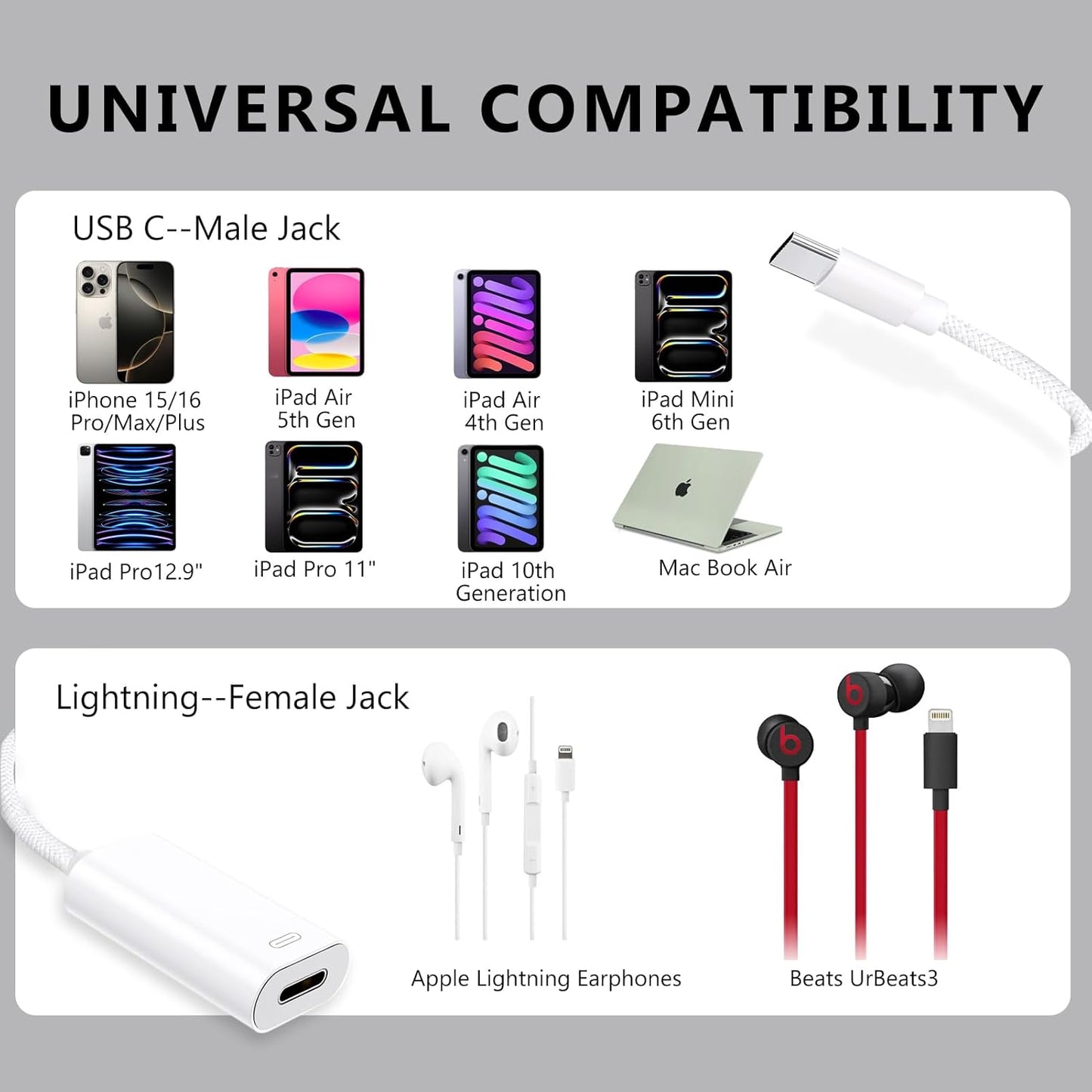 USB C to Lightning Headphone Audio Adapter, Type C Male to Female Lightning Earphone Converter with Charge/Data Transfer, Compatible with iPhone 17/16/15 Plus/Pro/Max, iPad Pro/Air 6/5/4, MacBook