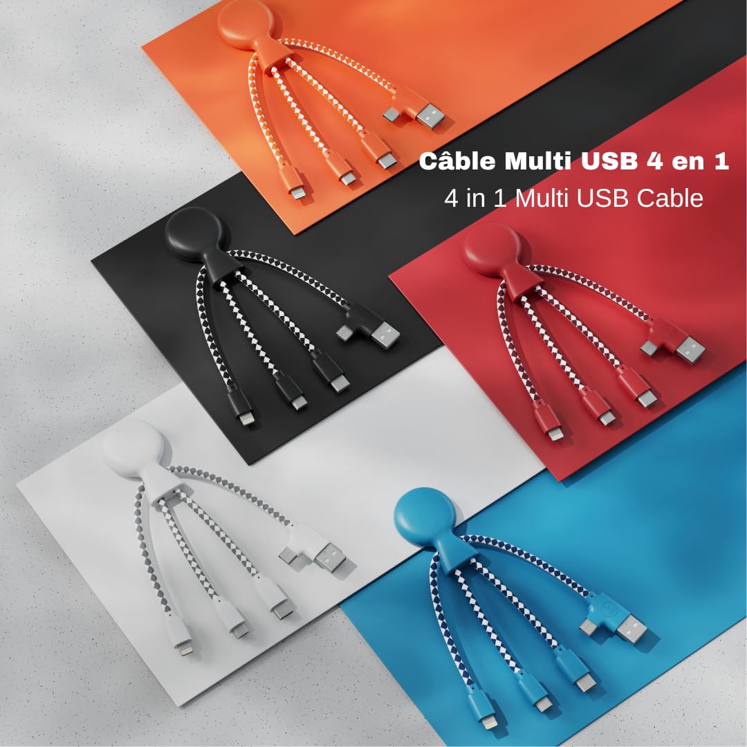 Multi USB Cable 4 in 1 - Universal Charger Made from Recycled Plastic - USB, USB-C, Lighting, Micro USB Ports - Compatible with All Smartphones Mr Bio Blue Octopus
