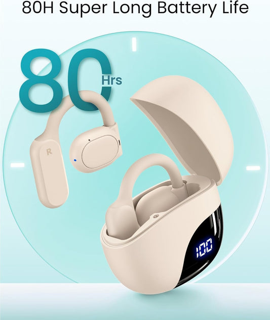 TAGRY Open Ear Earbuds Wireless Bluetooth Headphones 80Hrs Playtime Ear Buds with Earhooks IPX7 Waterproof Touch Control Earphones Sport Headsets for Workout Running Beige