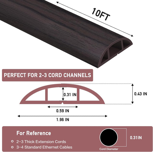 Floor Cord Cover Self Adhesive Cord Hider Floor Extension Cord Covers for Floor Power Cord Protector Cable Management Prevent Cable Trips Cable Cavity 0.59" W x 0.31" H (Dark Walnut, 10Ft)