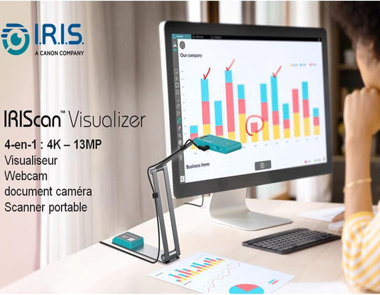 IRIScan Visualizer Webcam Document Camera v7:4K UltraHD-13MP,4in1,Free Readiris PDF OCR,visualizer,Scanner A3,Portable Scanner,Web Conferencing,Distance Learning,AI Micro,Led,USB,WinMac