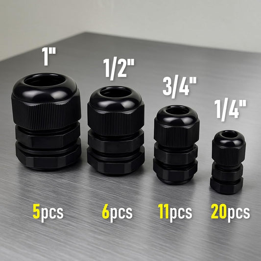 MGI SpeedWare 42 pcs NPT Strain Relief Nylon Cord Grip Cable Glands Assorted Kit, Black Plastic Grommet 1/4" 1/2" 3/4" and 1"