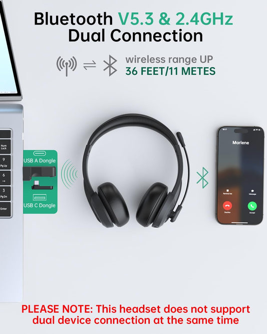 Wireless Headset with Mic for Work with AI Noise Cancelling Mic for Clear Calls, Bluetooth V5.3 Headphones with Microphone to USB A/C Dongle & Mic Mute for Computer Laptop PC iPhone (Black)