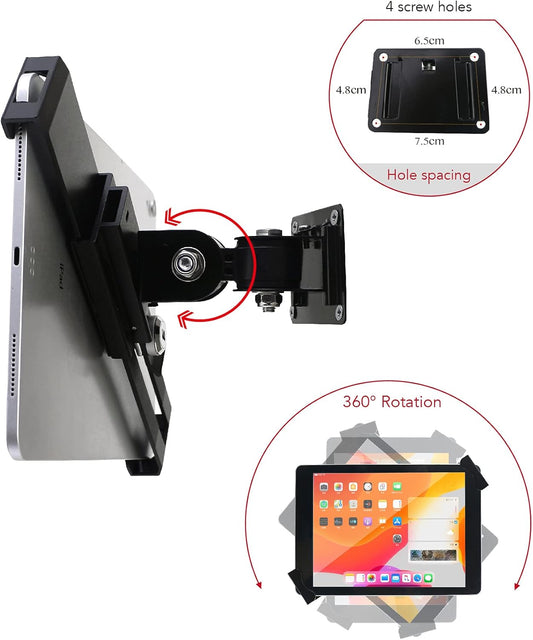 Tablet Wall Mount Holder with Lock and Key, Rotate Design Arbitrary Adjustment,Multi Angle,Bracket for Most 8 to 10.4 Inch,and for iPad Air &10.2,10.9,Pro 11 Galaxy tab,and More (Black)