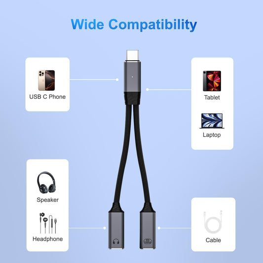 USB C Splitter,2 in 1 USB C Headphone and Charger Adapter Audio Dongle Cable with PD 100W for iPhone 16 15 Pro Max, Pixel 9 8 7, Galaxy S24 S23 S22, iPad Pro