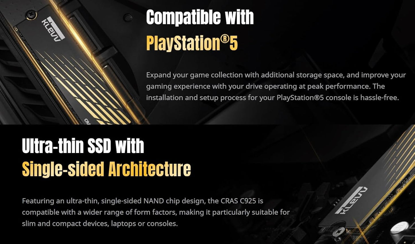 KLEVV CRAS C925 500GB M.2 2280 NVMe PCIe Gen4x4 Internal Gaming SSD with Aluminium Heatsink, Compatible with PS5, up to 7400MB/s (K500GM2SP0-C9T)