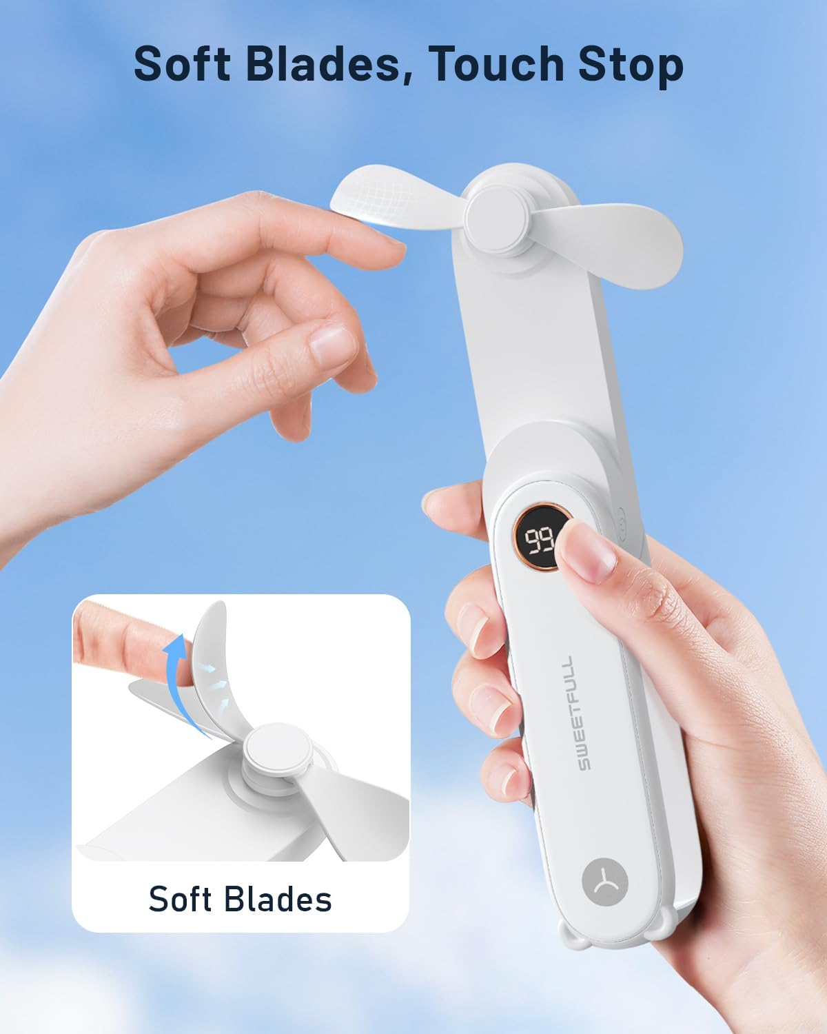 SWEETFULL Portable Handheld Mini Fan with LED Display, 3-in-1 Personal Foldable USB Rechargeable Hand Held Fan & Flashlight for Travel, Lash Eyelash, Cute Small Pocket for Women, Girls