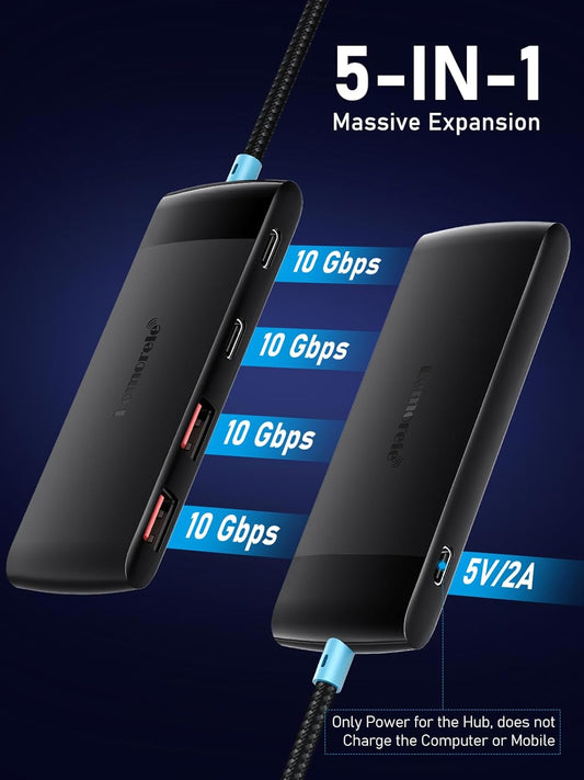 USB C Hub with 10Gbps 2 USB3.2 & 2 USB C 3.2, Charging Port, USB Port Extender for MacBook Pro/Air, Acer Aspire, HP Dell Laptops, iPad Pro, iPhone 15/15 Pro Max, etc., 1.97ft Cable