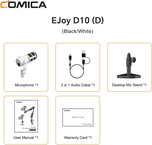 COMICA EJoy D10 D USB/XLR Dynamic Microphone with RGB Light &CalMix Denoise &Mute Button- Studio-Quality Cardioid Mic with Desktop Stand for Gaming, Streaming, Podcast,YouTube(PC/PS5/Xbox/Mac (White)