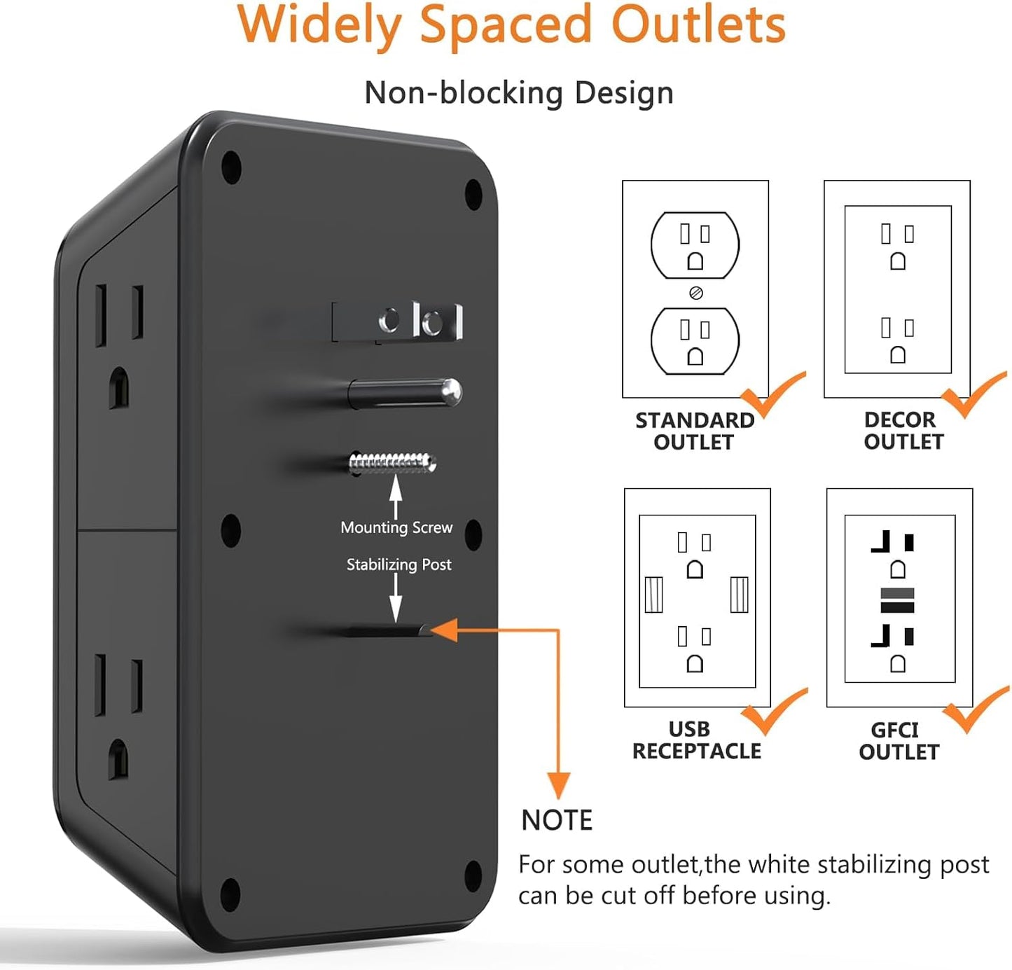 Surge Protector Outlet Extender, 6 Outlet Extender with 4 USB Charging Ports (2 USB C), 3 Sided Multi Plug Wall Adapter for Home, Office, Travel-2 Pack,Black