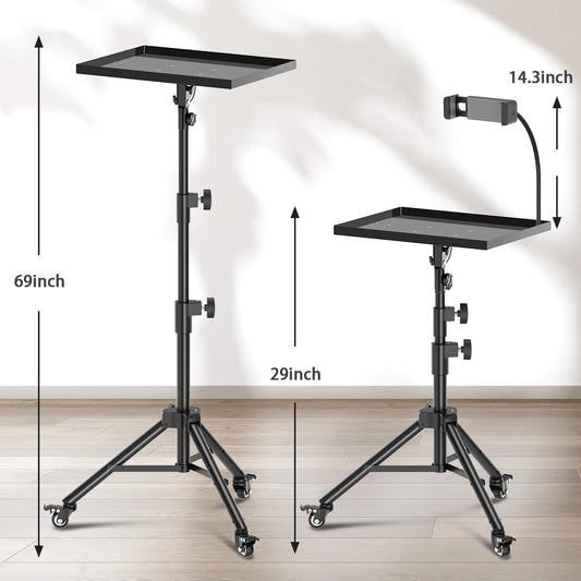 Projector Stand with Wheels, Laptop Tripod from 29" to 69" with Mouse Tray, Adjustable Height DJ Racks Stands with Gooseneck Phone Holder, for Office, Home, Stage, Studio, 1 Pack Black