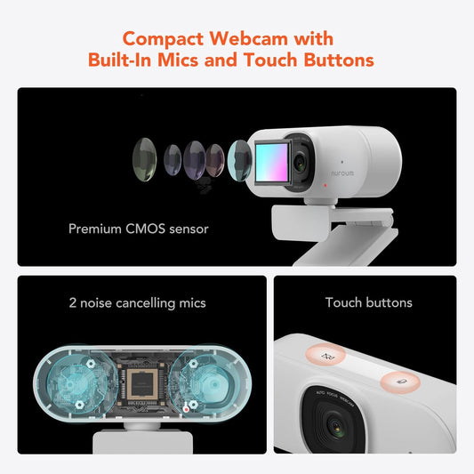 NUROUM V15AF 2K Webcam for PC, 1080p 60FPS AutoFocus Web Camera with Microphone, Privacy Cover and Mute, 75°FOV Dual Microphone USB FHD Computer Camera, Plug and Play for Zoom/Skype/Teams, White