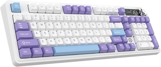 AK980 97Keys Tri-Mode Full Mechanical Keyboard, Gasket-Mounted, Hot-Swappable, 1.14” TFT Smart Display, Bluetooth 5.1/2.4G Wireless/Wired, PBT Keycaps RGB Backlit (Purple, Gift Linear Switch)