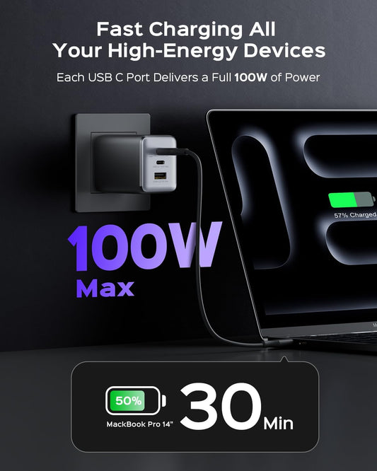 100W USB C Charger Block, 3-Port Compact Foldable Power Adapter USB Wall Charger for MacBook Pro/Air, Dell XPS, iPad Pro, iPhone Series, Galaxy S25/S24, and More (Black)
