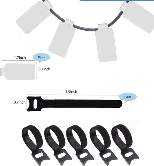 100 Pack Reusable Hook & Loop Cable Ties & Labels Kit - 50 Durable Cord/Wire Tags + 50 Self-Gripping Straps for Electronics Organizing, Home Office Cord Management (White & Black)