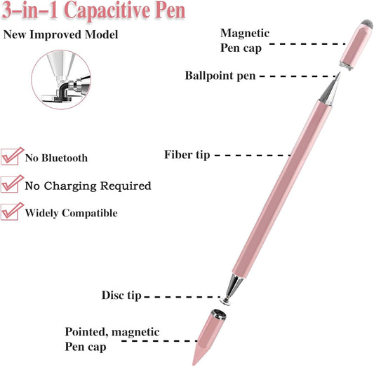 3 in 1 Universal Stylus Pen for Touchscreen,High Sensitivity & Precision Capacitive Stylus Pen for iPad Suitable for All Touch Screens of iPhone/iPad/Android/Samsung Galaxy/Tablets-Pink