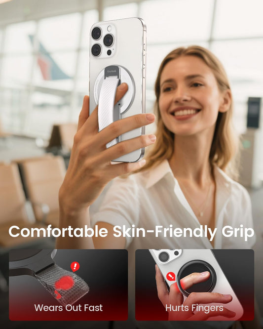 2025 Klearlook for MagSafe Phone Grip with Silicone Finger Strap, Removable Magnetic Phone Ring Holder with Adjustable Kickstand, Finger Phone Ring Grip for iPhone 16/15/14/13/12 Series, White