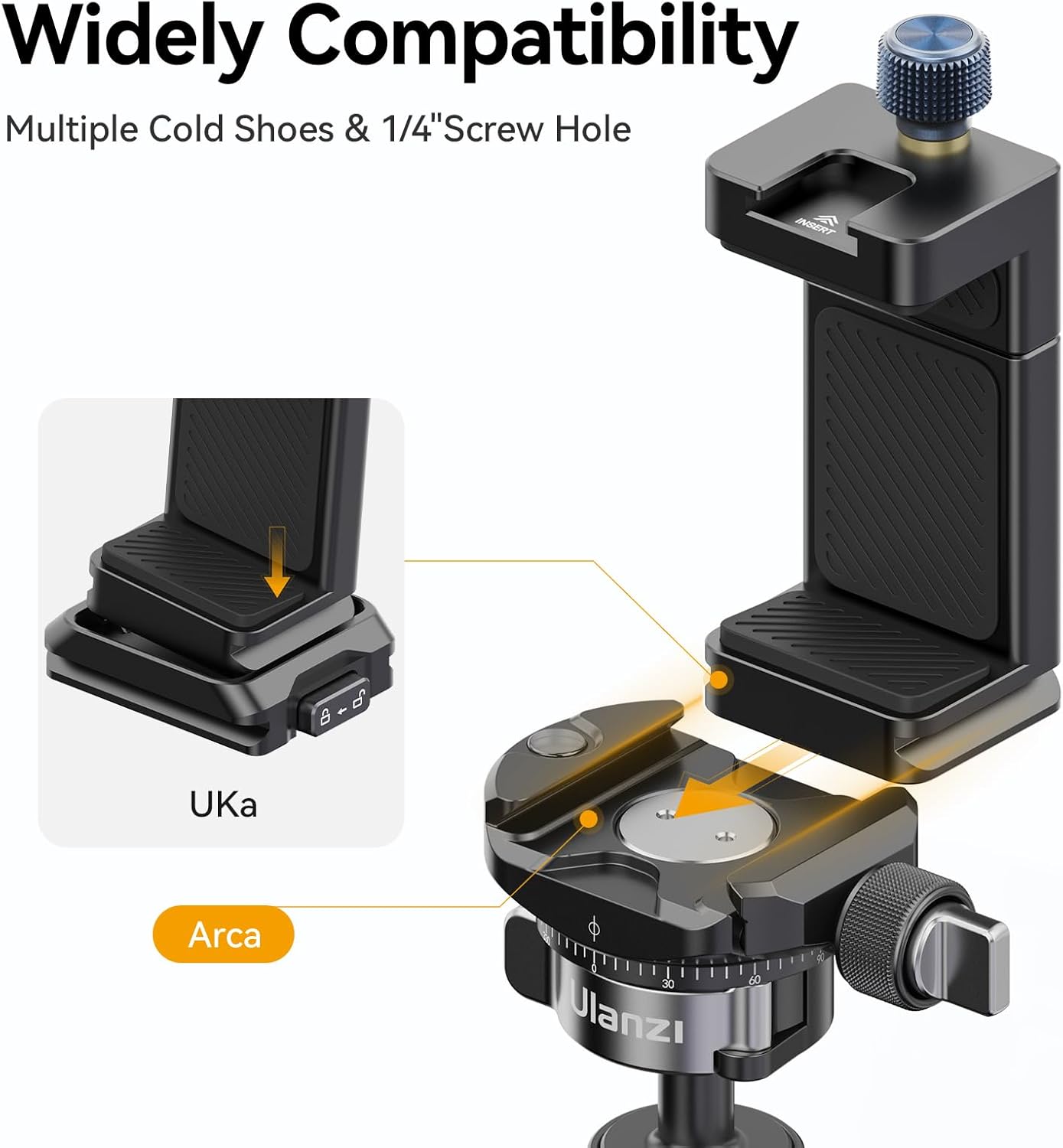 ULANZI MA33 Metal Phone Tripod Mount with Arca Port & 2 Cold Shoes, 360° Adjustable Smartphone Tripod Adapter Cell Phone Stand Holder Phone Clamp Suitable for iPhone 15 pro/14/13/12/Samsung