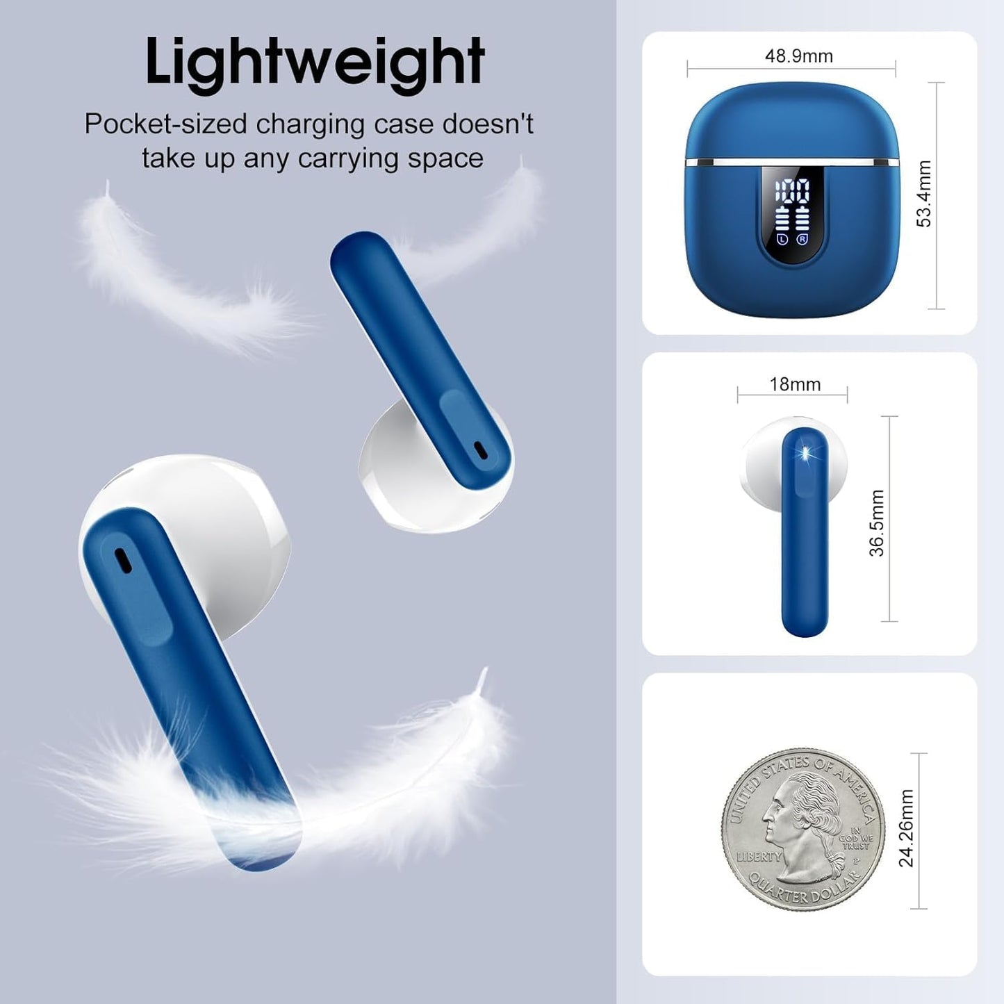 Wireless Earbuds, Bluetooth 5.4 Headphones with 3D Bass Stereo, 40H Ultralight in-Ear Buds, Bluetooth Earbuds with 4 ENC Noise Cancelling Mic, USB-C, IP7 Waterproof Earphones for Android iOS, Blue