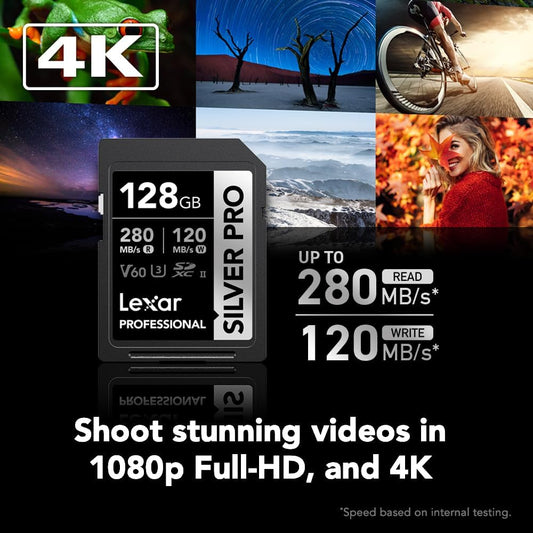 Lexar 128GB Professional SILVER PRO SD Card, UHS-II, C10, U3, V60, Full HD, 4K, Up To 280MB/s Read SDXC Memory Card, for Professional Photographer, Videographer, Enthusiast (LSDSIPR128G-BNNNU)
