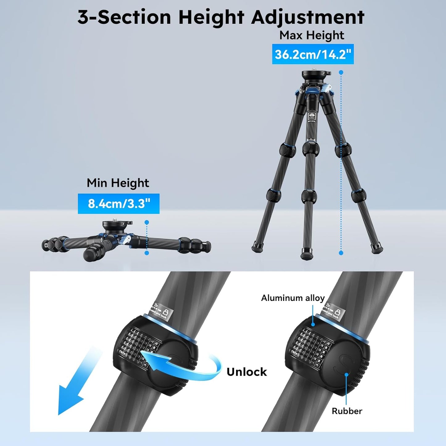 SIRUI Carbon Fiber Tabletop Tripod Kit with ±15° Bowl Adjustment, Compact Ultra-Light Weight Only 0.62kg, Max Load 5kg/11.02lb for Cameras, DSLR(AM-223L)