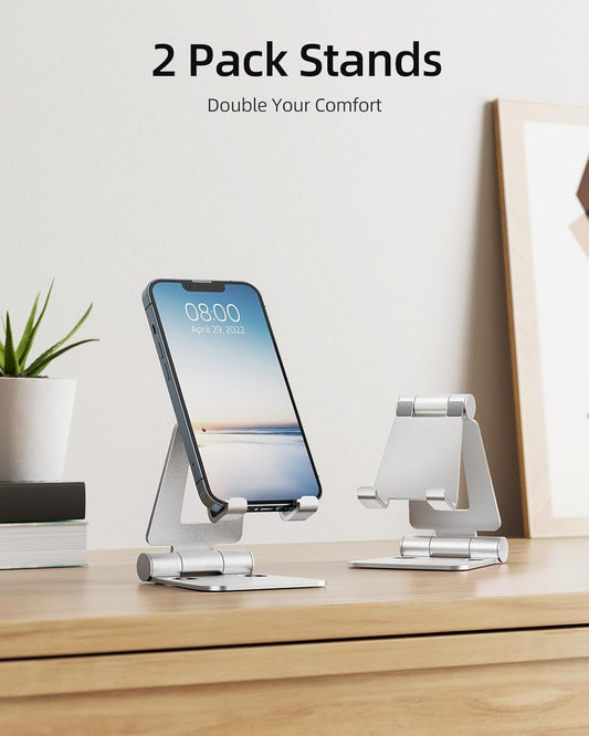 Nulaxy 2 Pack Dual Folding Cell Phone Stand, Fully Adjustable Foldable Desktop Phone Holder Cradle Dock Compatible with iPhone 17 16 15 14 13 12 Pro Max Xs Xr, All Phones, Silver