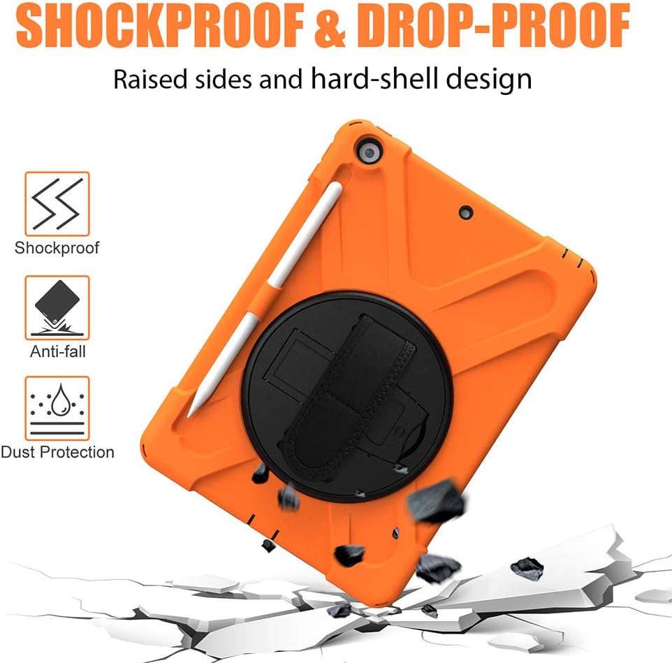 ZenRich Shockproof Case for iPad 9th/8th/7th Generation 10.2 inch 2021/2020/2019, Heavy Duty Rugged Case with Pencil Holder/360° Rotating Kickstand/Handle/Carrying Strap, Orange