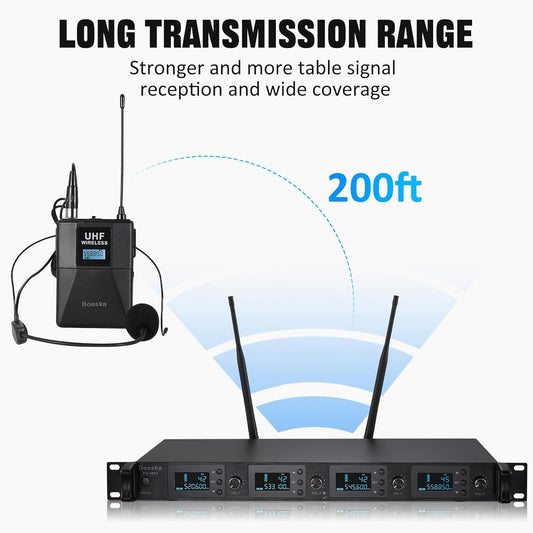 Wireless Microphone System 4 Channel UHF 4 Lavalier Lapel Headset Mics for Karaoke Church Speaking Conference Meeting Party, 4x25 Adjustable Frequency (4 Bodypack)