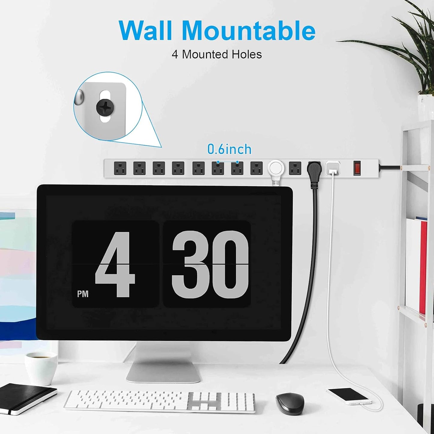 JUNNUJ Metal 12 Outlet Power Strip, Mountable Heavy Duty Power Strip, 1200J Surge Protector Wall Mount Screws Outlet with Switch, Gaming Desk Strips Wide Spaced 15A 125V 1875W, 10 FT 14AWG Power Cord