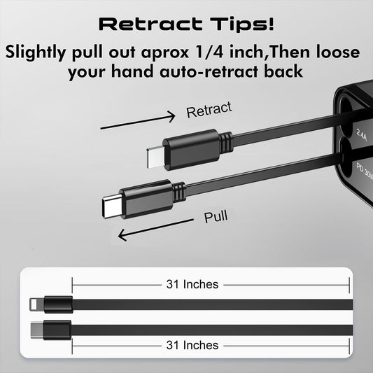 Fast Charger 4 in 1 Retractable Car Charger 69W with Starry Light,USB-C Fast Car Accessories,Compatible with All iPhones All Android Phones (Grey, Lightning & USB-C/Without Starry)
