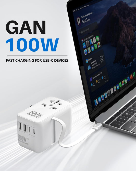 DOACE Universal Travel Adapter, 100W GaN 3.0 International Power Adapter with Built-in USB-C Cable, 6 in 1 Travel Adapter with 5 USB Ports, Plug Adapter Worldwide for EU/UK/USA/AUS(White)