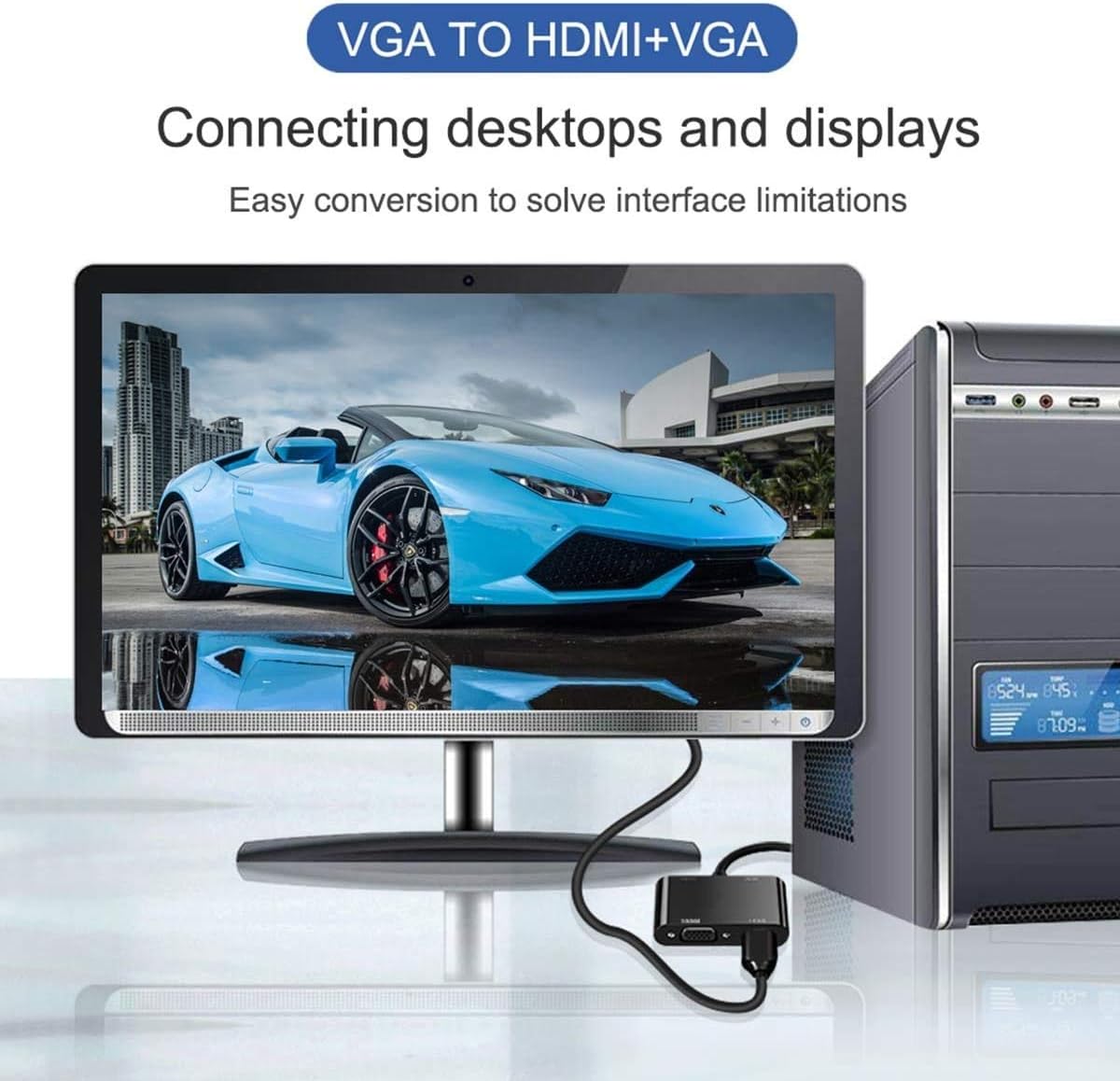 VGA to HDMI VGA Audio Video Cable Adapter Converter Splitter with 3.5mm Audio USB Power for 2 Monitors, Computer, Desktop, Laptop, PC, Projector, HDTV 1080P, Plug and Play