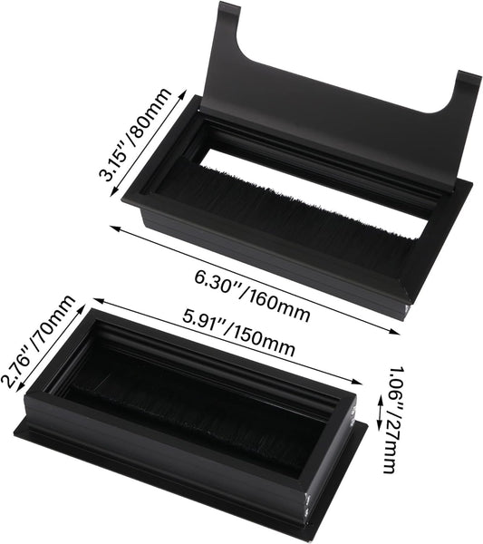 2PCS Desk Grommet Metal Rectangle Desk Cord Cable Hole Cover Grommet with Brush for Home Office Bank Computer Table (black)