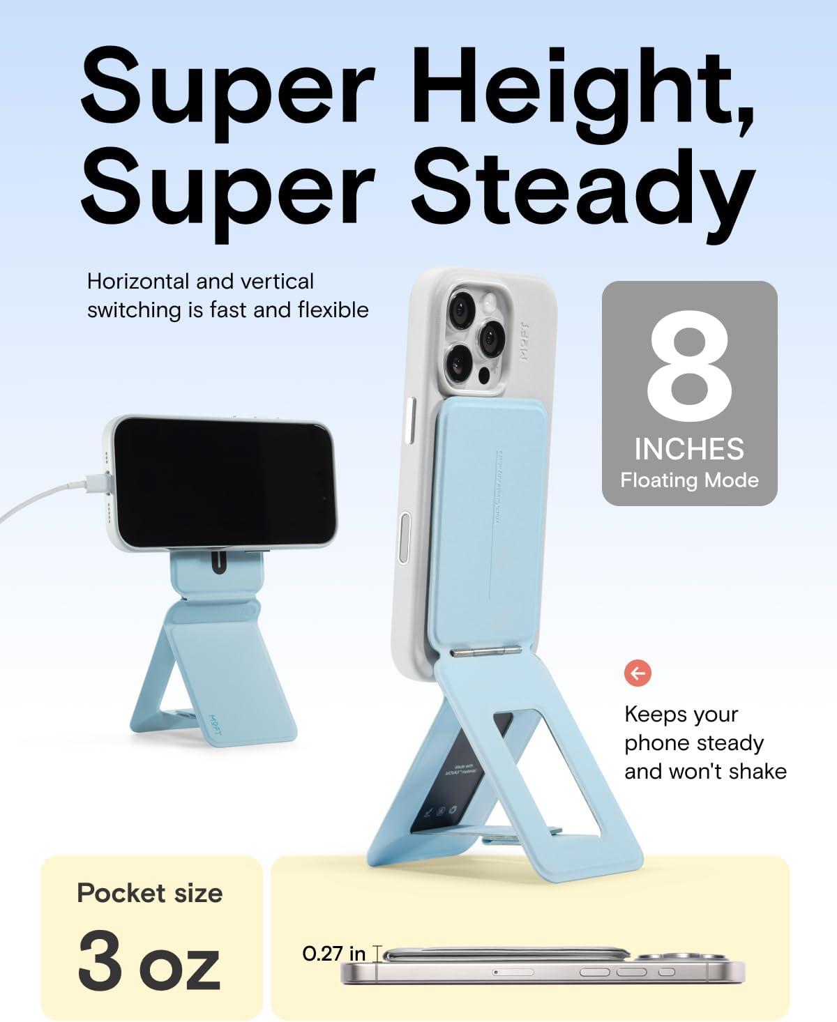 MOFT Phone Tripod Stand Selfie Stick for iPhone, Multi-Angles iPhone Stand, Lightweight & Portable Phone Holder, Strong Magnets, MOVAS Vegan Leather, Travel Essentials,Soothing Mist(Without Card Slot)