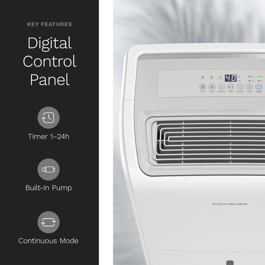 hOmeLabs 40 Pint Dehumidifier with Pump for up to 6,000 Sq Ft Rooms (MAX 104 Pint at 95°F, 90% RH) – Powerful Moisture Removal for Medium to Large Rooms and Basements